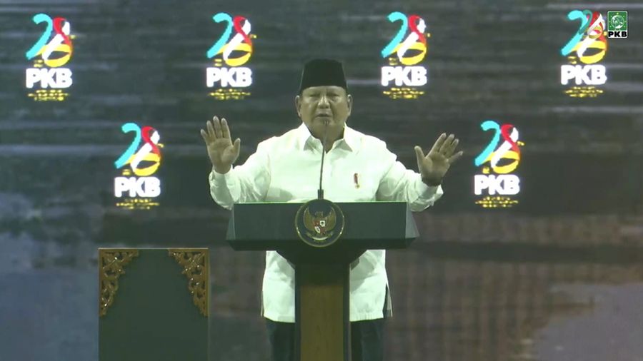 Presiden Prabowo Subianto saat menyampaikan sambutan dalam Puncak Harlah ke-28 yang di gelar oleh Partai Kebangkitan Bangsa (PKB) di Jakarta, Kamis (23/7/2026). (Tangkapan Layar Youtube/ DPP PKB)
