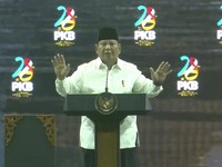 Presiden Prabowo Subianto saat menyampaikan sambutan dalam Puncak Harlah ke-28 yang di gelar oleh Partai Kebangkitan Bangsa (PKB) di Jakarta, Kamis (23/7/2026). (Tangkapan Layar Youtube/ DPP PKB)
