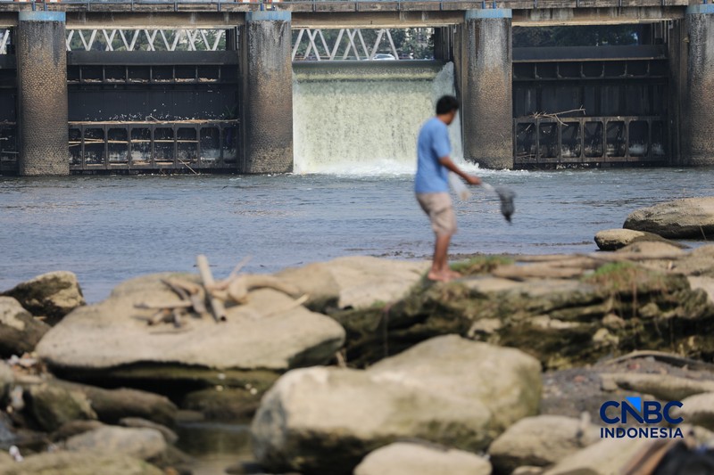 Dampak kemarau panjang membuat aliran Sungai Cisadane pintu 10 di Kota Tangerang, Banten menyusut drastis, Jumat (24/7/2026). (CNBC Indonesia/Tri Susilo)
