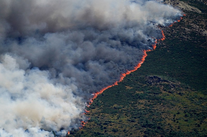 Seseorang berlari saat api menyebar di pegunungan Navaluenga, Avila, Spanyol, 23 Juli 2026. (REUTERS/Ana Beltran)