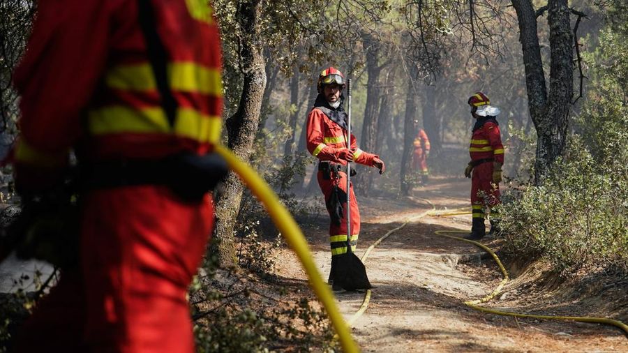 Para personil Unit Kedaruratan Militer (UME) membersihkan area setelah memadamkan kebakaran di San Martin de Valdeiglesias, Madrid, Spanyol, 26 Juli 2026.