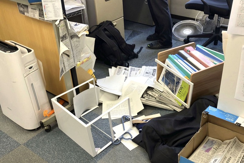 Toppled shelving after an earthquake, with a preliminary magnitude of 7.1, struck Japan's southern Kumamoto prefecture, according to the Japan Meteorological Agency, in Kumamoto, July 28, 2026. Kyodo/via REUTERS ATTENTION EDITORS - THIS IMAGE HAS BEEN SUPPLIED BY A THIRD PARTY. MANDATORY CREDIT. JAPAN OUT. NO COMMERCIAL OR EDITORIAL SALES IN JAPAN.