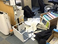 Toppled shelving after an earthquake, with a preliminary magnitude of 7.1, struck Japan's southern Kumamoto prefecture, according to the Japan Meteorological Agency, in Kumamoto, July 28, 2026. Kyodo/via REUTERS ATTENTION EDITORS - THIS IMAGE HAS BEE