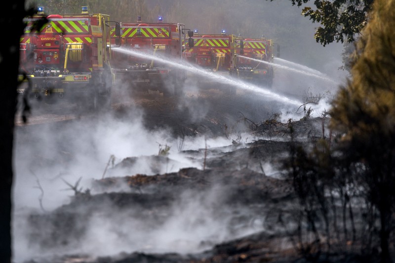 Seorang pria dan anjingnya melihat kebakaran hutan di pegunungan di Onda, Spanyol, 27 Juli 2026. (REUTERS/Pedro Nunes)