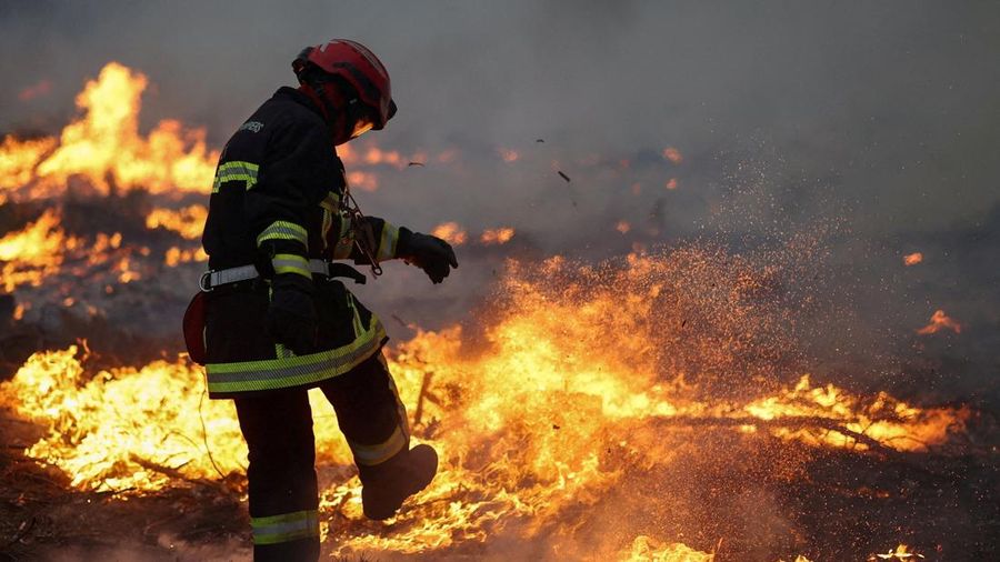 Seorang petugas pemadam kebakaran berupaya memadamkan api yang berkobar selama kebakaran hutan di Ares, Gironde, di tengah kondisi kekeringan yang memburuk setelah gelombang panas dan kekurangan air di sebagian besar wilayah Prancis, 25 Juli 2026.