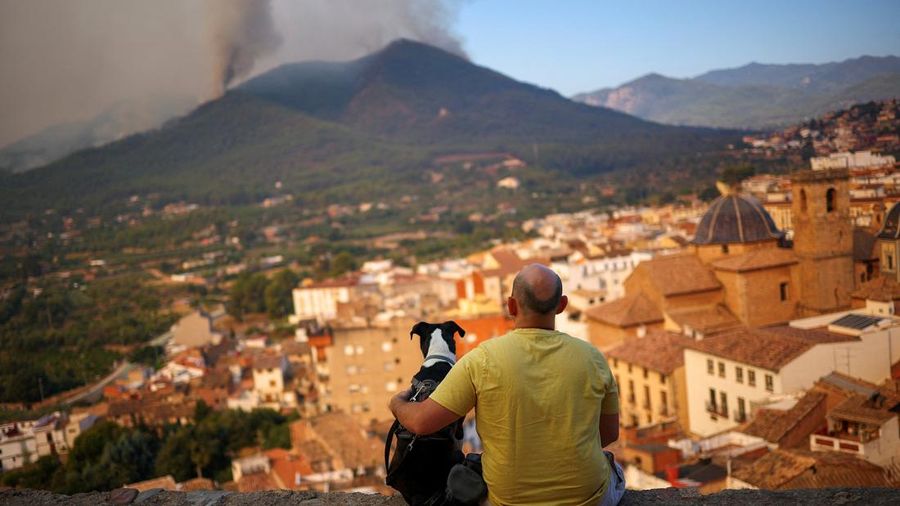 Seorang pria dan anjingnya melihat kebakaran hutan di pegunungan di Onda, Spanyol, 27 Juli 2026. (REUTERS/Pedro Nunes)