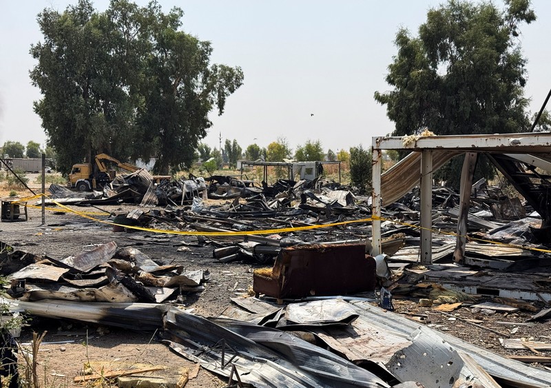 Damage at a site belonging to Iraq's Popular Mobilization Forces (PMF) following airstrikes that the PMF said were carried out by U.S. and Saudi forces, in Bartella, Nineveh province, Iraq, July 29, 2026. Picture taken with a mobile phone.REUTERS/Khalid Al-Mousily