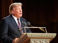 Presiden Donald Trump berbicara di upacara pemakaman Senator Lindsey Graham, R-S.C., di Katedral Nasional Washington, Selasa, 28 Juli 2026, di Washington. (Alex Brandon/Pool via REUTERS)