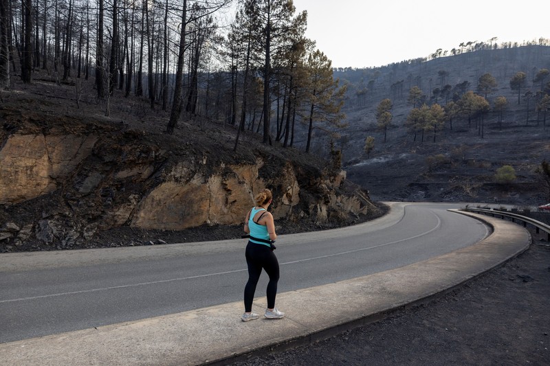Luis Gonzalez berdiri di tengah-tengah properti yang terbakar dan rusak di desa El Tiemblo, saat kebakaran hutan terus melanda provinsi Avila dan Madrid, Spanyol, 28 Juli 2026. (REUTERS/Violeta Santos Moura)
