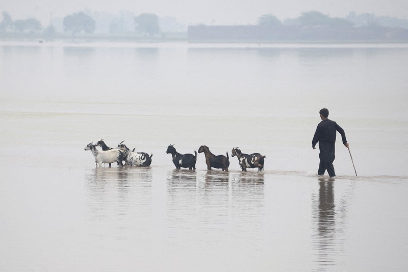 Sebuah tayangan drone menunjukkan rumah-rumah yang terendam air di desa Noorpur setelah hujan monsun di Muridke, Pakistan, 28 Juli 2026. (REUTERS/Murtaza Ali)