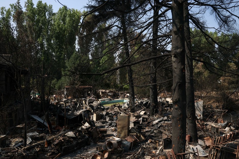 Luis Gonzalez berdiri di tengah-tengah properti yang terbakar dan rusak di desa El Tiemblo, saat kebakaran hutan terus melanda provinsi Avila dan Madrid, Spanyol, 28 Juli 2026. (REUTERS/Violeta Santos Moura)