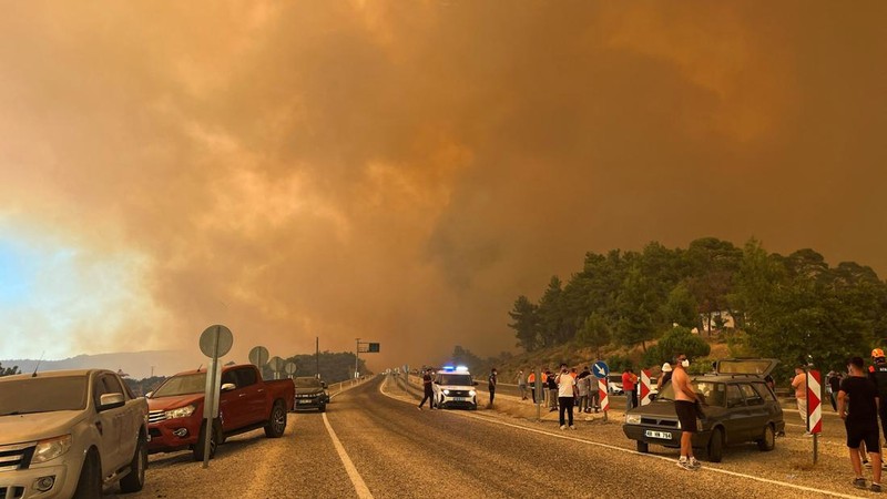 Asap memenuhi langit saat kebakaran hutan melanda distrik Seydikemer, provinsi Mugla, Turki, 29 Juli 2026.