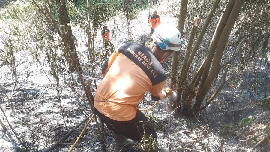 BPBD Kabupaten Sumedang bersama Pemadan Kebakaran dan aparat terkait melakukan penanganan kebakaran hutan dan lahan di Desa Cinanjung, Kecamatan Tanjungsari, Kabupaten Sumedang, Provinsi Jawa Barat, pada Senin (28/07).