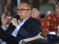 Ketua Forum Industri Nikel Indonesia (FINI), Arif Perdanakusumah saat memberikan pemaparan dalam acara Coffee Morning “Kupas Tuntas Dinamika Tata Kelola Industri Pertambangan Mineral” di Parle, Senayan, Jakarta, Kamis (30/7/2026). (CNBC Indonesia