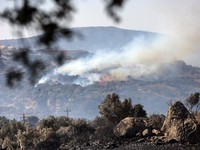 Kobaran api dan asap membubung saat kebakaran hutan melanda dekat pantai Triopetra di pulau Kreta, Yunani, 30 Juli 2026. (REUTERS/Stefanos Rapanis)