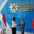 Menteri Perlindungan Pekerja Migran Indonesia (P2MI) Mukhtarudin baru saja melakukan pertemuan dengan Menteri Ekonomi dan Inovasi Albania, Delina Ibrahimaj pada Kamis (30/7/2026). (CNBC Indonesia/Novina Putri Bestari)