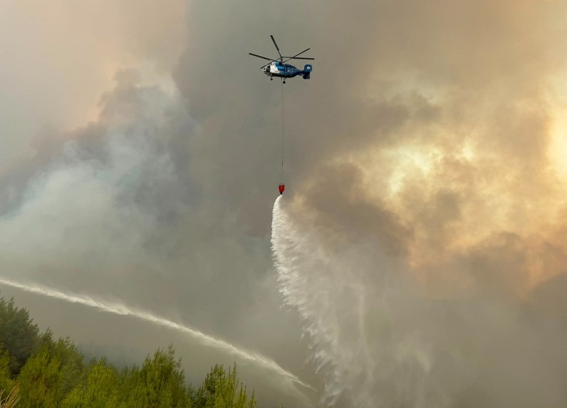 Seorang pekerja kotamadya berusaha memadamkan kebakaran hutan yang berkobar di distrik Seydikemer, provinsi Mugla, Turki, 29 Juli 2026. (REUTERS/Stringer)