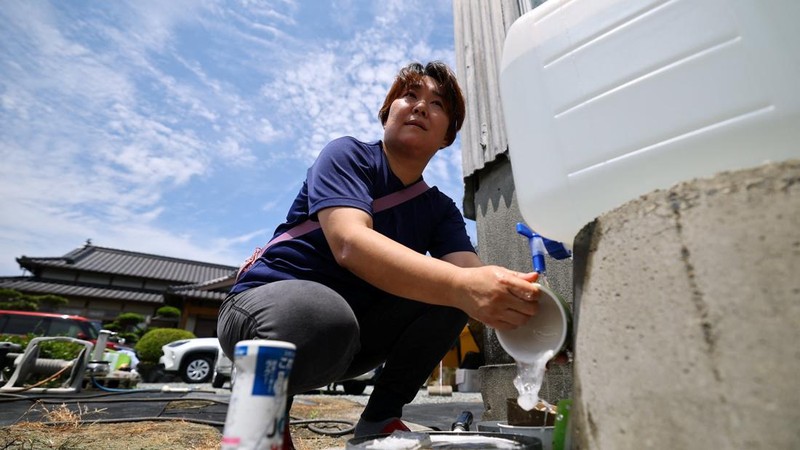 Yuka Shimada (45) mencuci piring di depan rumahnya setelah menerima bantuan air karena pemadaman pasokan air di daerah tersebut setelah gempa bumi berkekuatan 7,1 skala Richter melanda prefektur Kumamoto selatan Jepang, di tengah gelombang panas, di Yatsushiro, Jepang, 30 Juli 2026. Khawatir akan gempa susulan, ia dan anggota keluarganya tinggal di tenda di depan rumah mereka.