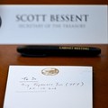 A notepad in front of U.S. Secretary of the Treasury Scott Bessent reads "To Do Buy Japanese Yen $5-10 bil" as he participates in a cabinet meeting at Camp David, Maryland, U.S., July 31, 2026. The note, photographed at 11:33 EDT, came after Reuters