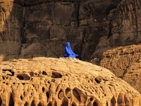 Patung Najma, sebuah instalasi seni berbentuk figur perempuan berwarna biru, dipamerkan di kawasan bersejarah AlUla, Arab Saudi. Karya tersebut merupakan hasil ciptaan seniman asal Amerika Serikat, Lita Albuquerque. (Dok. litaalbuquerque.com)