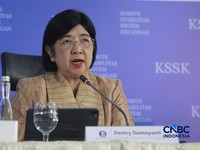 Pjs Gubernur Bank Indonesia, Destry Damayanti saat Konferensi Pers Hasil Rapat Berskla KSSK III Tahun 2016 di Jakarta, Senin (3/8/2026). (CNBC Indonesia/Faisal Rahman)