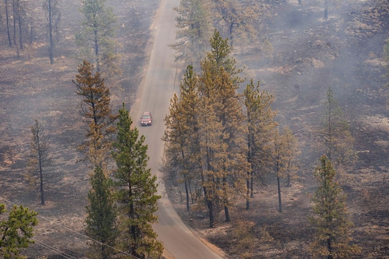 Sisa-sisa rumah yang hancur akibat kebakaran hutan di daerah Spokane, Washington, AS, 2 Agustus 2026. (REUTERS/David Ryder)