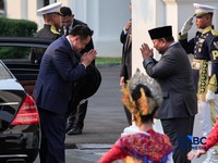 Upacara penyambutan kenegaraan kunjungan Perdana Menteri Thailand Anutin Charnvirakul digelar di Istana Merdeka, Jakarta Pusat, Senin (3/8/2026). (REUTERS/Willy Kurniawan)
