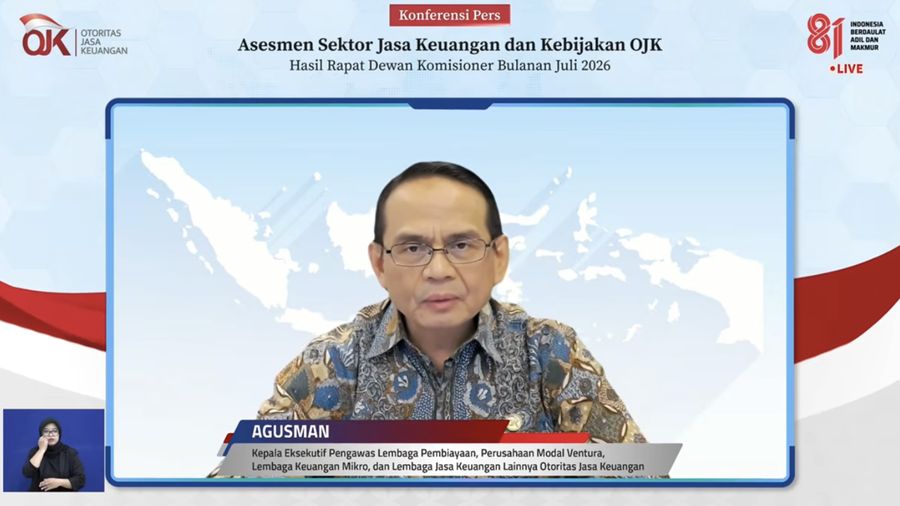Kepala Eksekutif Pengawas Lembaga Pembiayaan, Perusahaan Modal Ventura, Lembaga Keuangan Mikro, dan Lembaga Jasa Keuangan, Agusman saat Konferensi Pers Asesmen Sektor Jasa Keuangan dan Kebijakan OJK Hasil RDKB Bulan Juli 2026. (Tangkapan layar Youtub