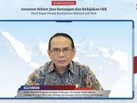Kepala Eksekutif Pengawas Lembaga Pembiayaan, Perusahaan Modal Ventura, Lembaga Keuangan Mikro, dan Lembaga Jasa Keuangan, Agusman saat Konferensi Pers Asesmen Sektor Jasa Keuangan dan Kebijakan OJK Hasil RDKB Bulan Juli 2026. (Tangkapan layar Youtub