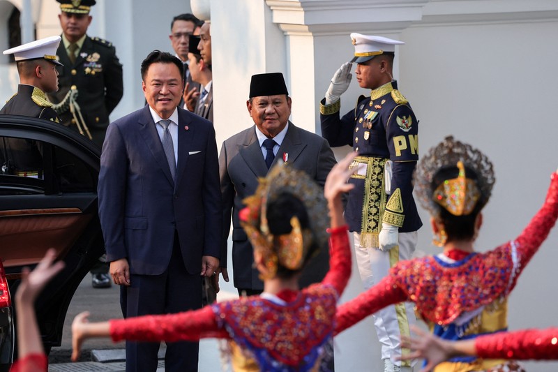 Upacara penyambutan kenegaraan kunjungan Perdana Menteri Thailand Anutin Charnvirakul digelar di Istana Merdeka, Jakarta Pusat, Senin (3/8/2026). (REUTERS/Willy Kurniawan)