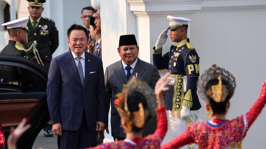 Upacara penyambutan kenegaraan kunjungan Perdana Menteri Thailand Anutin Charnvirakul digelar di Istana Merdeka, Jakarta Pusat, Senin (3/8/2026). (REUTERS/Willy Kurniawan)
