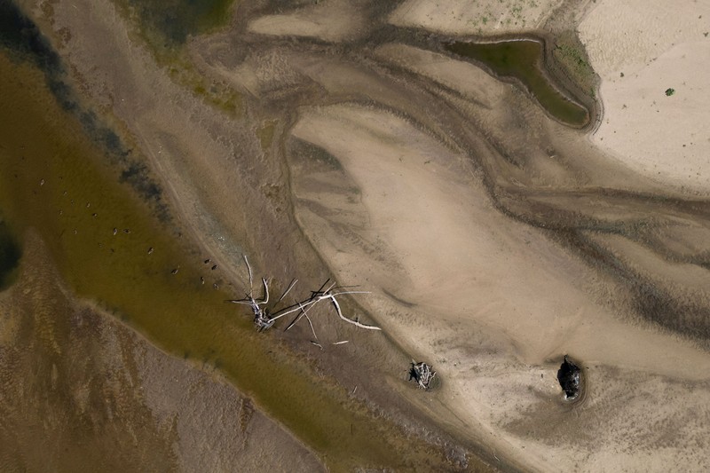 Tampilan dari drone memperlihatkan gosong pasir yang muncul di permukaan Sungai Vistula dekat Jozefow&mdash;di pinggiran Warsawa, Polandia, pada 4 Agustus 2026&mdash;akibat gelombang panas yang menyebabkan penurunan permukaan air sungai di berbagai wilayah negara tersebut. (REUTERS/Kacper Pempel)