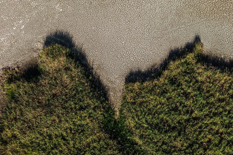 Foto udara menujukkan menurunnya permukaan air di Danau Velence, Hungaria, Kamis (6/8/2026).
Permukaan air di Danau Velence diprediksi akan turun ke level terendah sepanjang masa pada musim panas ini akibat dampak perubahan iklim. (REUTERS/Marton Monus)