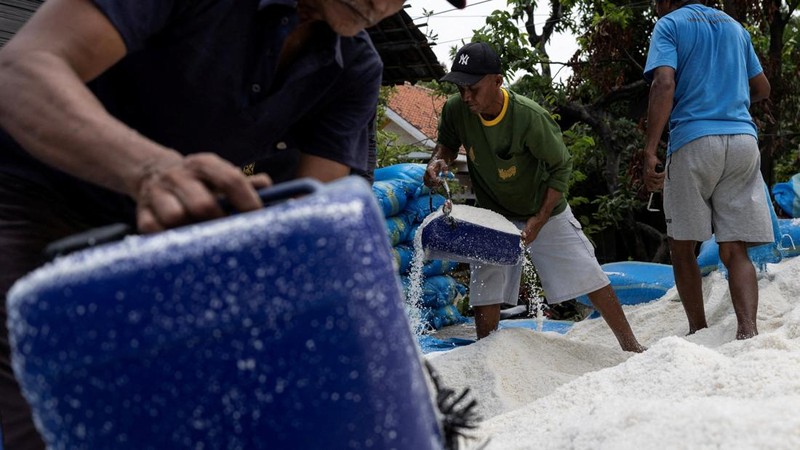 Para pekerja menyiapkan garam di sebuah gudang di Desa Pengarengan, Cirebon, Provinsi Jawa Barat, Indonesia, pada 31 Juli 2026.