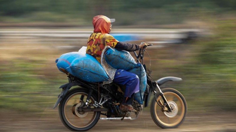 Seorang pekerja menggunakan sepeda motor untuk mengangkut karung-karung garam yang baru dipanen di Desa Pengarengan, Cirebon, Provinsi Jawa Barat, Indonesia, pada 30 Juli 2026.