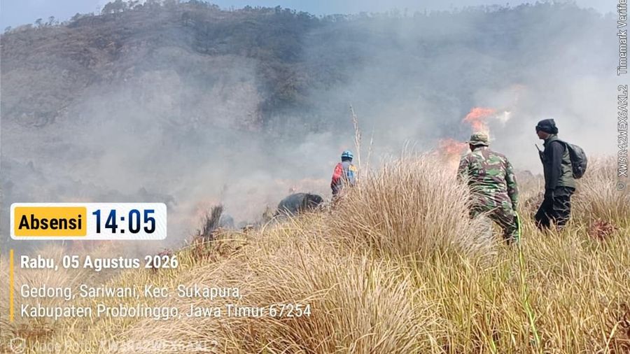 Tim campuran melakukan pemadaman darat menggunakan gepyok dan sprayer di Kecamatan Sukapura, Kabupaten Probolinggo, Jawa Timur, Rabu (5/8/2026).