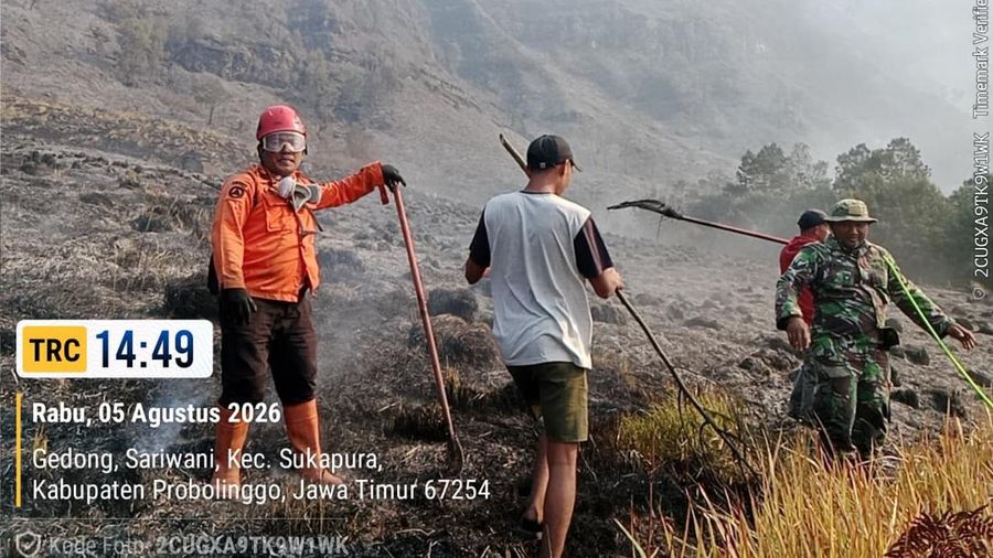Tim campuran melakukan pemadaman darat menggunakan gepyok dan sprayer di Kecamatan Sukapura, Kabupaten Probolinggo, Jawa Timur, Rabu (5/8/2026).