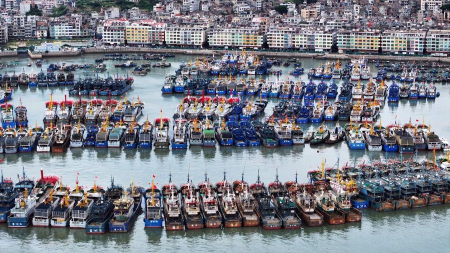 Sebuah pemandangan dari drone memperlihatkan berbagai kapal yang sedang bersandar di Pelabuhan Perikanan Pusat Nasional Huangqi saat Topan Dolphin mendekat, di kota Huangqi, Lianjiang, Fuzhou, Provinsi Fujian, Tiongkok, pada 8 Agustus 2026.
