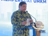 Menko Perekonomian, Airlangga Hartarto dalam acara UMKM Finance Summit 2026 dengan tema "Penguatan Akses Pembiayaan dan Ekosistem UMKM di Birawa Assembly Hall, Hotel Bidakara Jakarta, Selasa (11/8/2026). (CNBC Indonesia/Muhammad Sabki)