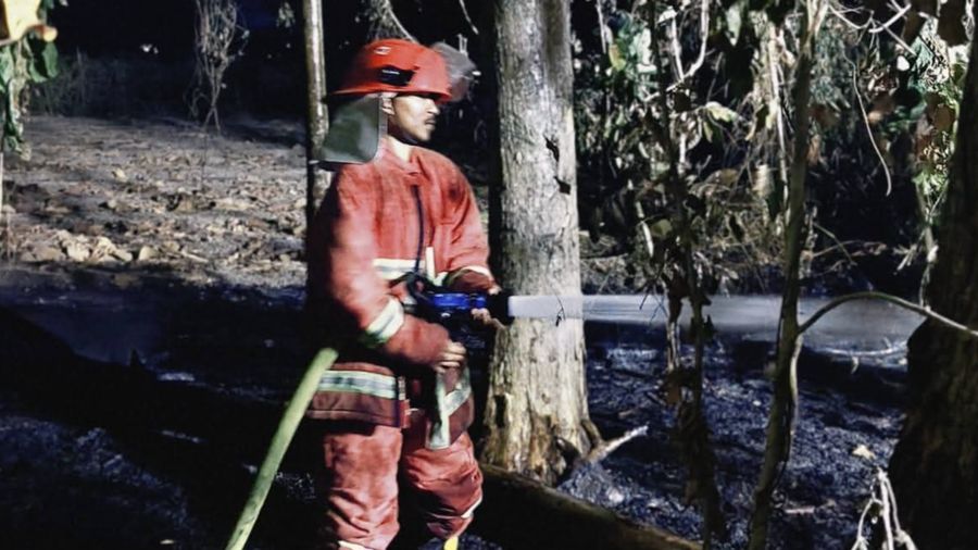 Upaya petugas gabungan dalam memadamkan api yang membakar kawasan bukit di Dusun Waililan, Negeri Bula, Kecamatan Bula, Kabupaten Seram Bagian Timur, Provinsi Maluku, Senin (10/8). (Dok. BPBD Kab. Seram Bagian Timur)