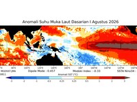 Anomali suhu muka laut dasarian 1 Agustus 2026 yang dirilis pada Kamis, (13/8/2026). (Dok. BMKG)