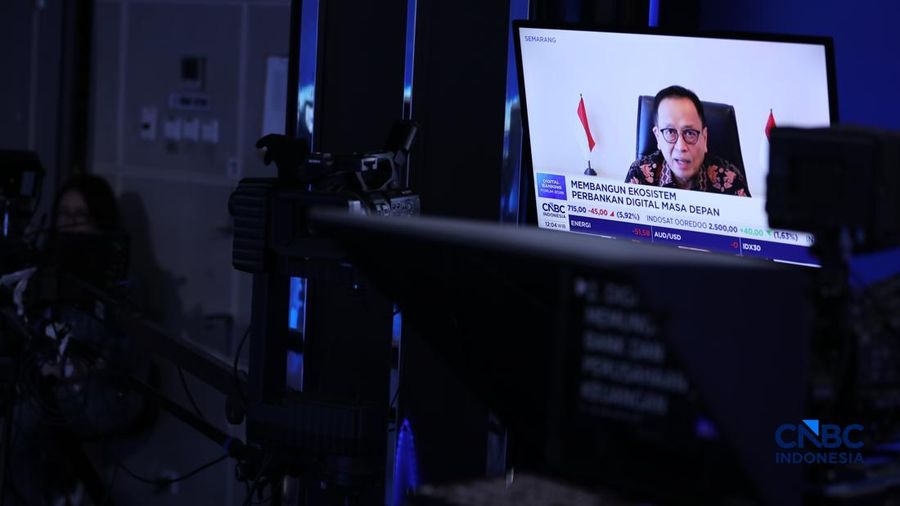 Kepala Eksekutif Pengawas Perbankan OJK, Dian Ediana Rae menyampaikan pemaparan melalui zoom meeting dalam Digital Banking Forum 2026 di Jakarta, Kamis (13/8/2026). (CNBC Indonesia/Tri Susilo)
