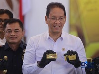 Konferensi Pers Penindakan Penyelundupan Ekspor Emas KPU Bea dan Cukai Tipe C Soekarno-Hatta, di Aula Gedung B KPU Bea dan Cukai Soekarno Hatta, Tangerang, Banten, Kamis, 13/8. (CNBC Indonesia/Muhammad Sabki)