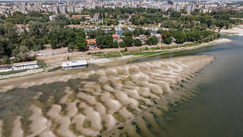 Permukaan air turun akibat cuaca panas berkepanjangan dan kondisi kering, di Novi Sad, Serbia, 12 Agustus 2026. (REUTERS/Marko Djurica)