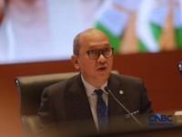 Kepala Badan Pengelola Investasi Daya Anagata Nusantara Rosan Perkasa Roeslani memberi pemaparan saat  Konferensi pers terkait RAPBN & Nota Keuangan Tahun Anggaran 2027 di Aula Cakti Buddhi Bakti, kantor pusat Direktorat Jenderal Pajak Kementerian Ke