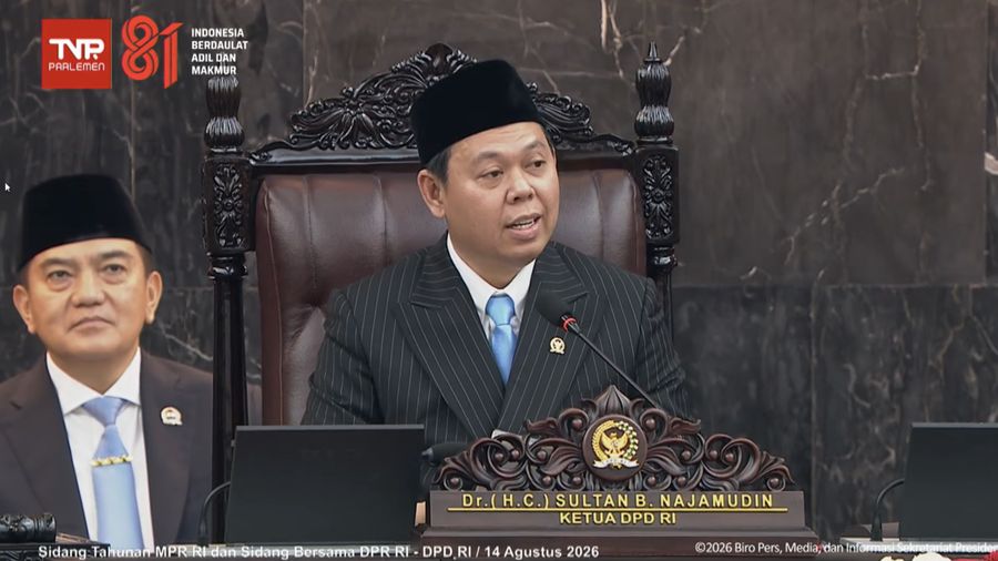 Ketua Dewan Perwakilan Daerah Republik Indonesia (DPD RI) Sultan Bachtiar Najamudin saat Sidang Tahunan MPR dan Sidang Bersama DPR dan DPD dalam Rangka HUT ke-81 RI di Gedung Nusantara, Kompleks Parlemen Senayan, Jakarta Pusat, Jumat (14/8/2026). (Ta