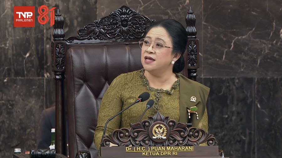Ketua DPR RI, Puan Maharani menyampaikan sambutan di Gedung Nusantara, Kompleks Parlemen Senayan, Jakarta Pusat, Jumat (14/8/2026). (YouTube/Sekretariat Presiden)