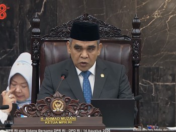 Ketua MPR RI Ahmad Muzani saat Sidang Tahunan MPR dan Sidang Bersama DPR dan DPD dalam Rangka HUT ke-81 RI di Gedung Nusantara, Kompleks Parlemen Senayan, Jakarta Pusat, Jumat (14/8/2026). (Tangkapan layar youtube Setpres RI)