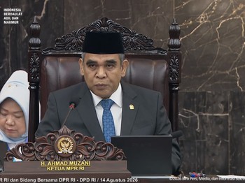 Ketua MPR RI Ahmad Muzani saat Sidang Tahunan MPR dan Sidang Bersama DPR dan DPD dalam Rangka HUT ke-81 RI di Gedung Nusantara, Kompleks Parlemen Senayan, Jakarta Pusat, Jumat (14/8/2026). (Tangkapan layar youtube Setpres RI)