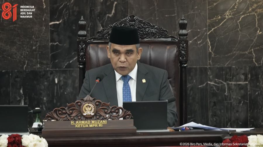 Ketua MPR RI Ahmad Muzani saat Sidang Tahunan MPR dan Sidang Bersama DPR dan DPD dalam Rangka HUT ke-81 RI di Gedung Nusantara, Kompleks Parlemen Senayan, Jakarta Pusat, Jumat (14/8/2026). (Tangkapan layar youtube Setpres RI)